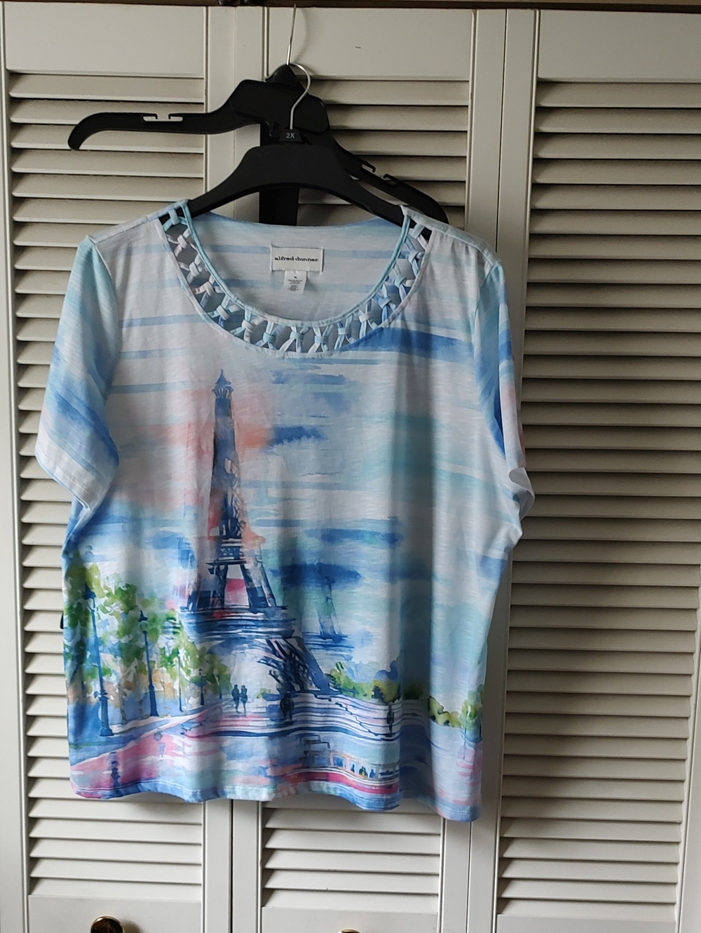 Alfred Dunner Blue and White Eiffel Tower Short Sleeve Top